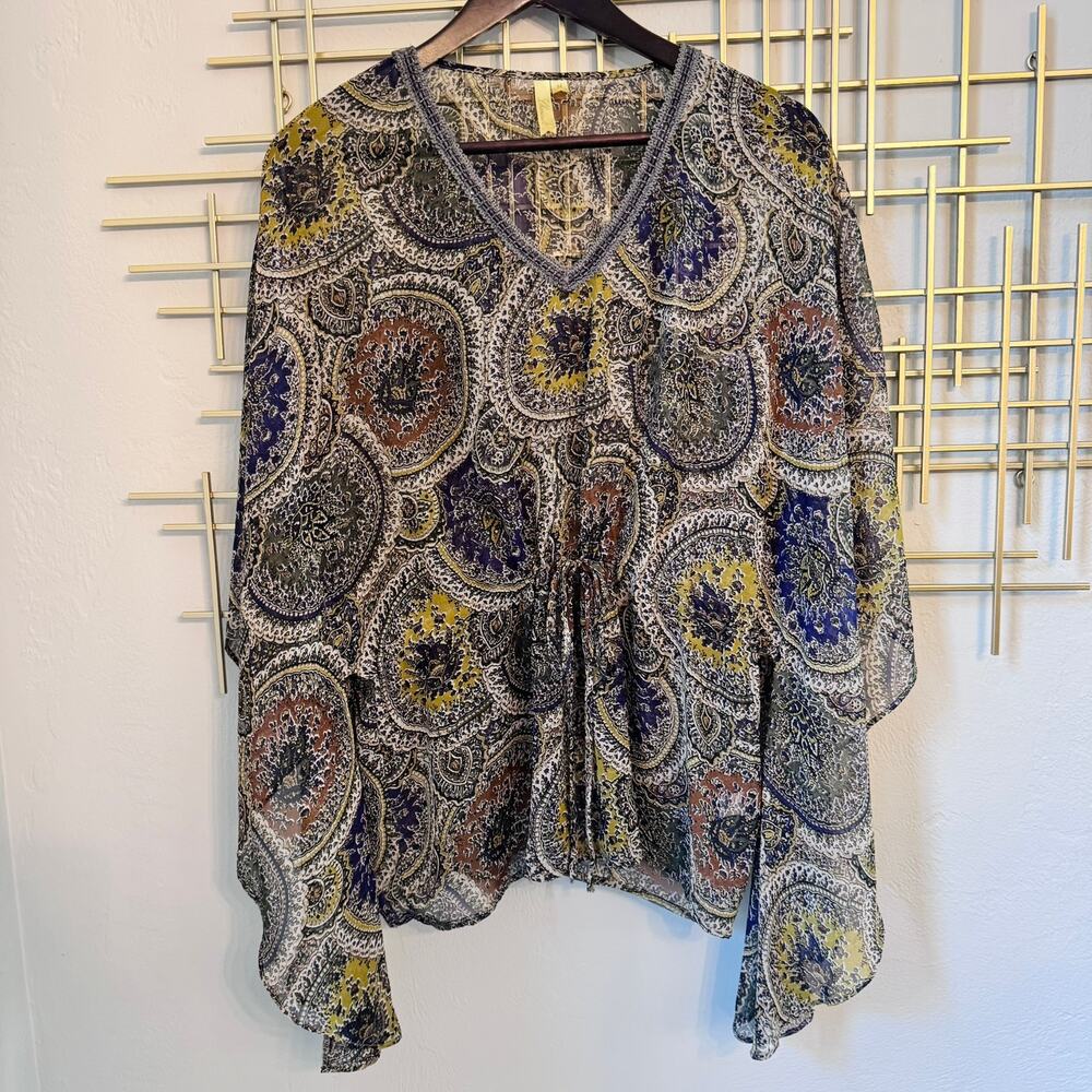 Women's M Brown Paisley Print Sheer Blouse V Neck Flutter Sleeve Tie Waist Flowy